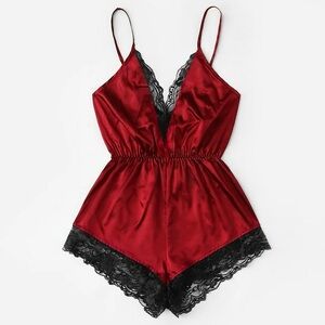 Elegant Red Lace Trim Satin Romper